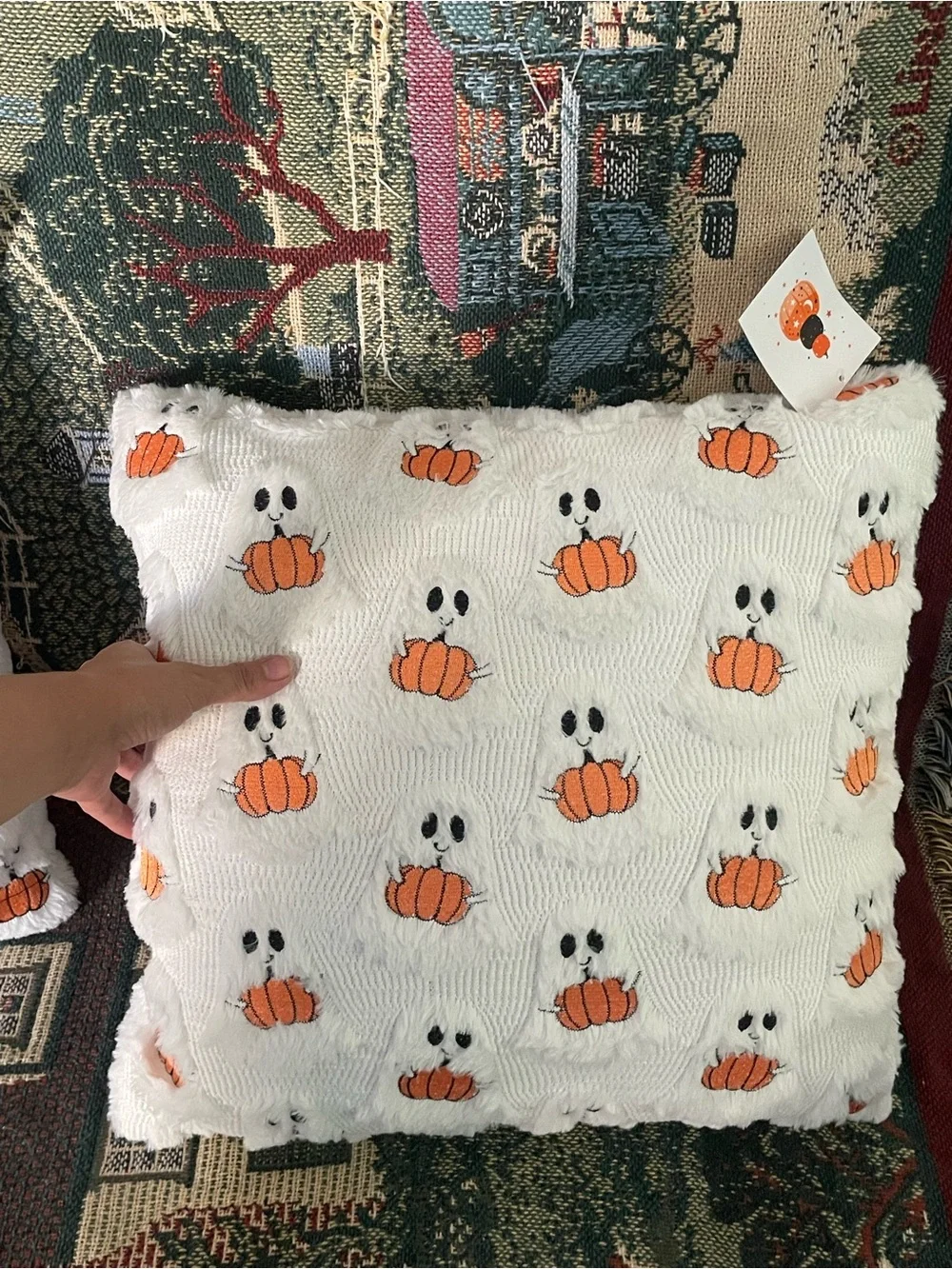 White Ghost & Pumpkin Throw Pillow Pair